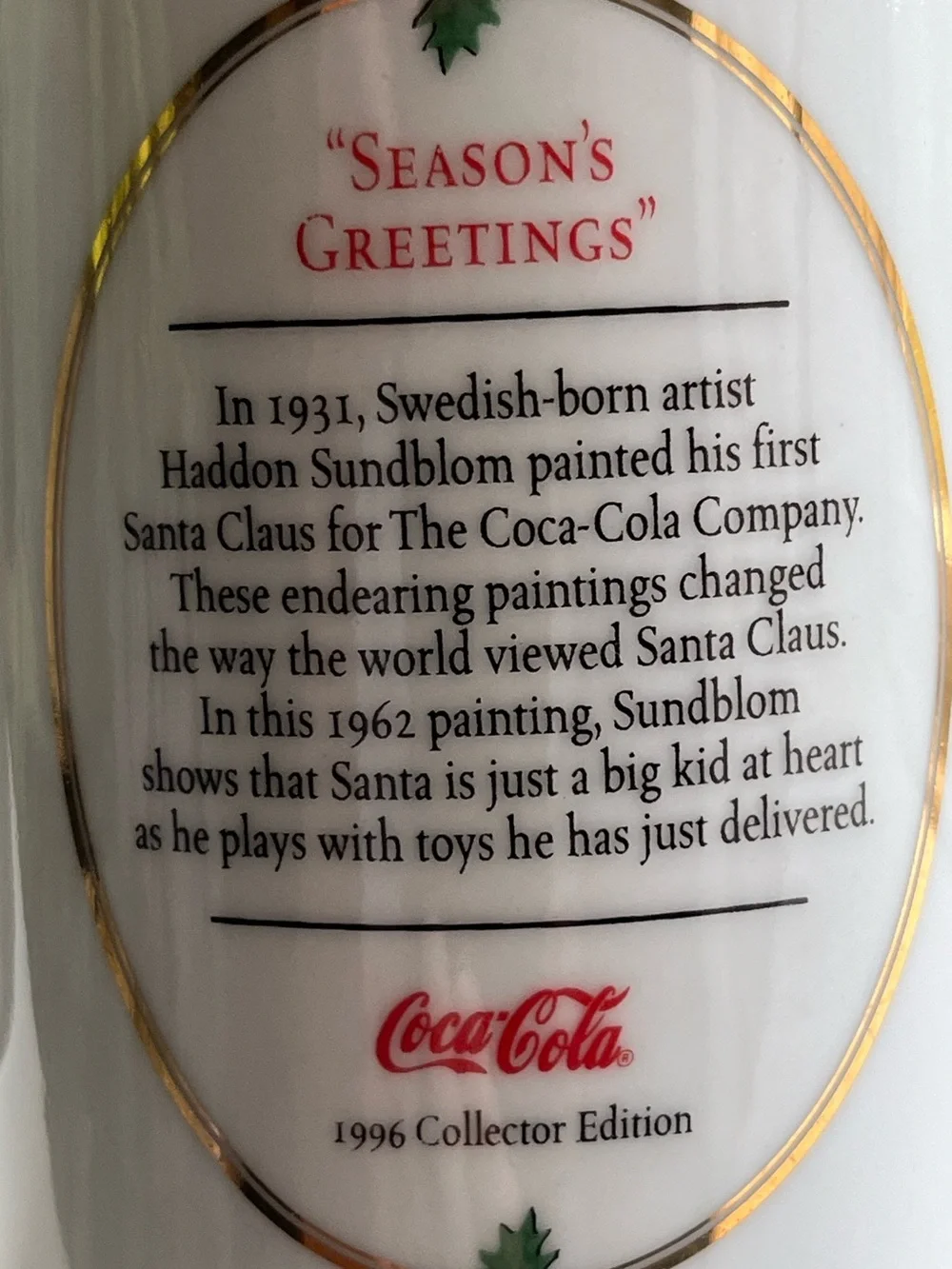 Vintage Coca Cola White and Gold Santa Holiday Ceramic Stein